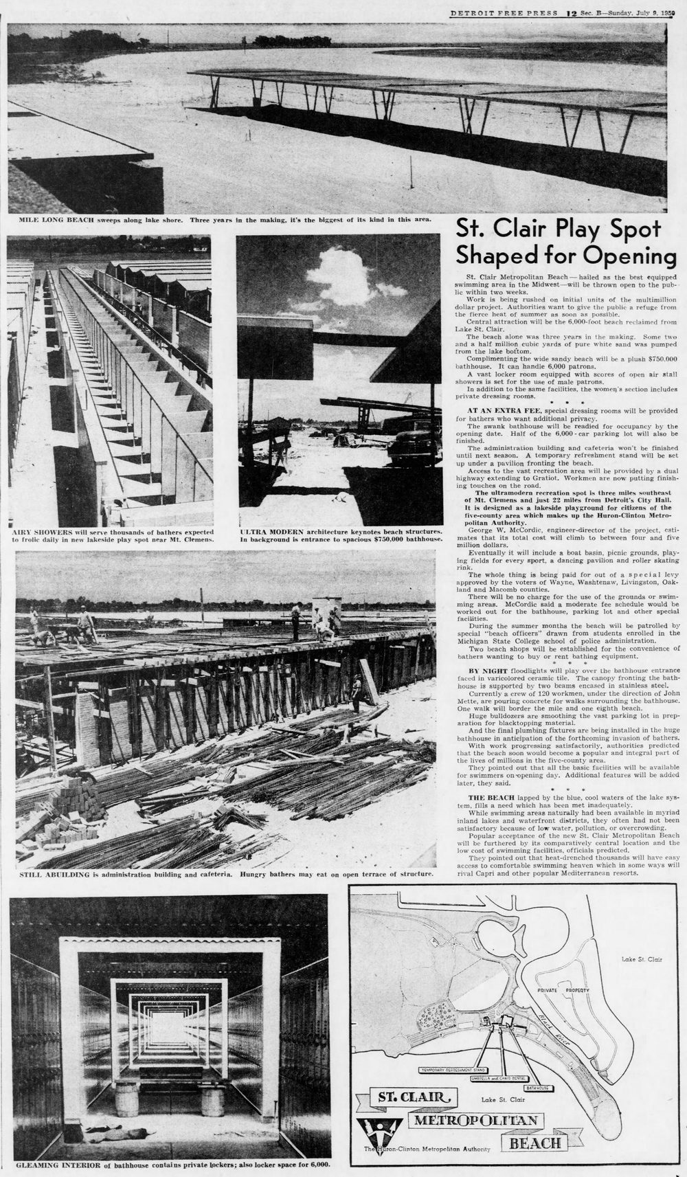 Lake St. Clair Metropark (Metro Beach, Metropolitan Beach) - July 9 1950 Article